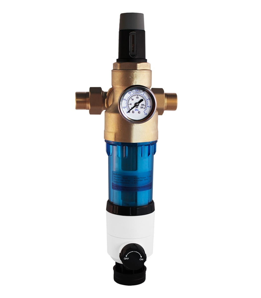 Selbstreinigender Wasserfilter mit Druckminderer für Regenwasser, Bohrloch-, Brunnen- oder Quellwasser